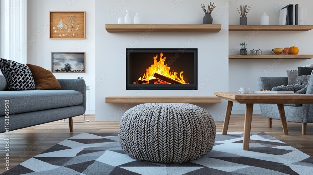 Modern Scandinavian living room with a fireplace, grey sofa, and a knitted ottoman on a geometric rug