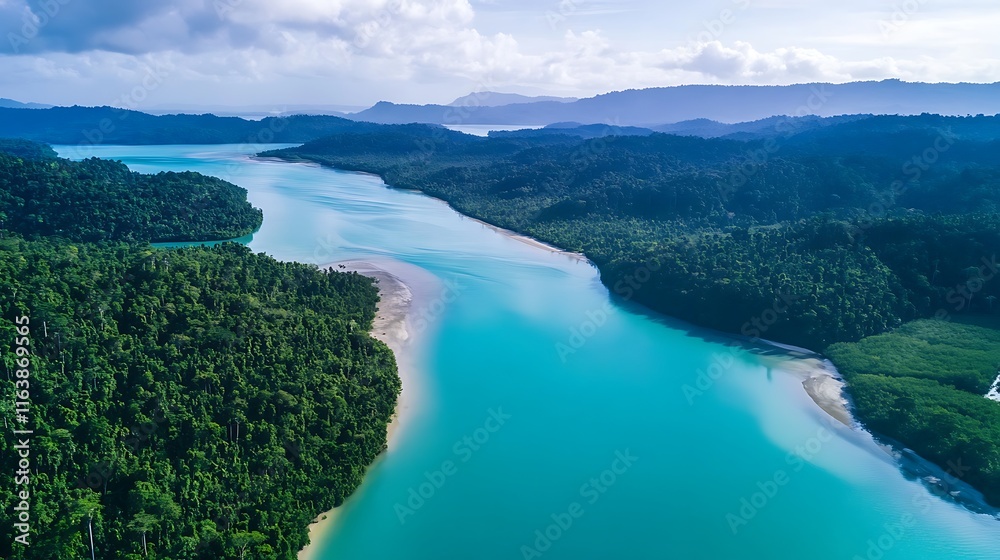 aerial view of river and lush rainforest aerial view of river and lush rainforest