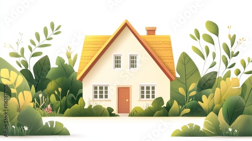 Whimsical Evergreen House Illustration Surrounded by Animated Foliage in Cartoon Style on Clean White Background with Banner Space