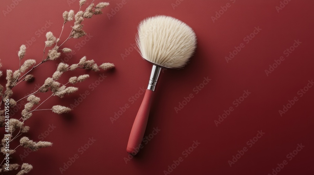 Red background with makeup brush and dried flowers. Red background with makeup brush and dried flowers.