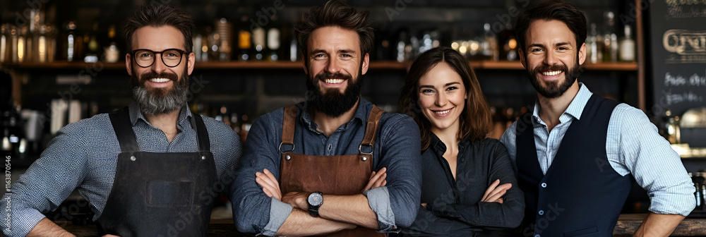Obraz premium Smiling Bar Staff Team in a Cozy Pub, Ready to Serve Drinks Enthusiastically