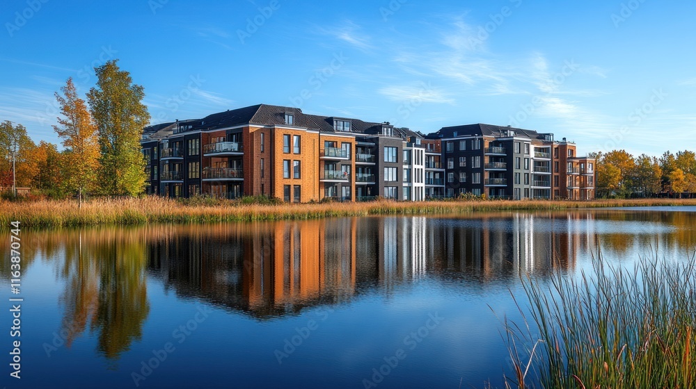 Obraz premium Modern buildings near a serene lake create stunning reflections under a brilliant blue sky surrounded by vibrant nature and greenery