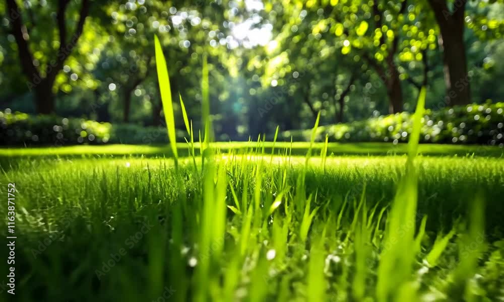 A serene view of lush green grass under dappled sunlight in a tranquil park setting.