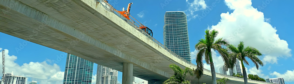 Fototapeta premium Elevated Highway Construction near Skyscrapers, Palm Trees Under a Sunny Sky