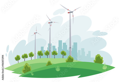 Clean electric energy concept. Renewable electricity resource from wind turbines. Ecological change of the future. City skyline and nature landscape on background
