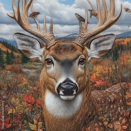 Majestic Whitetail Buck in Autumnal Landscape: A Realistic Wildlife Painting photo