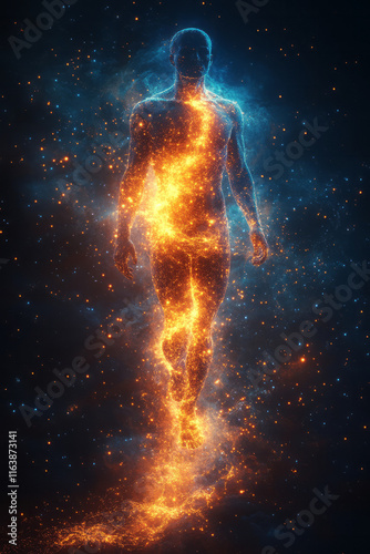 A glowing human silhouette with energy waves radiating from the stomach area,
