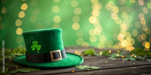 A festive green leprechaun hat with a shamrock embellishment and a gold buckle, set against a glowing green bokeh background. Ideal for St. Patrick's Day celebrations. Copy space included. photo