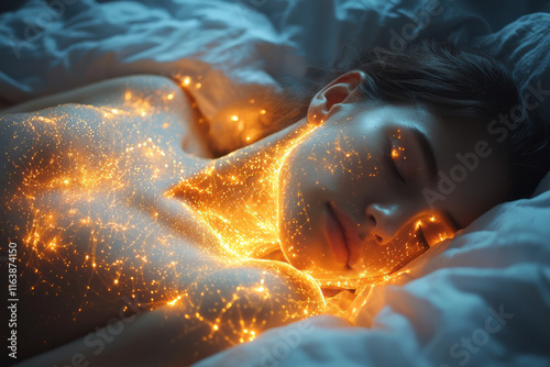 A person asleep on a simple bed, with soft glowing lines around their body,