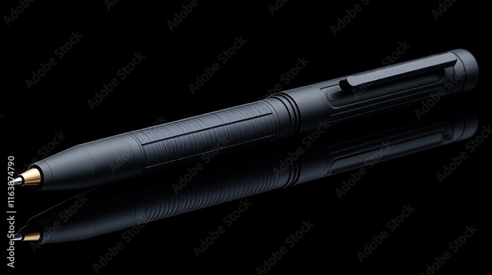 Black tactical pen with grooved body, reflecting on a dark surface. Black tactical pen with grooved body, reflecting on a dark surface.