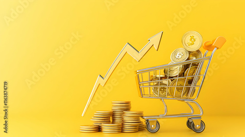 Golden Coins in Shopping Cart, Rising Market,  Wealth Growth Exponentially with Positive Financial Outlook photo