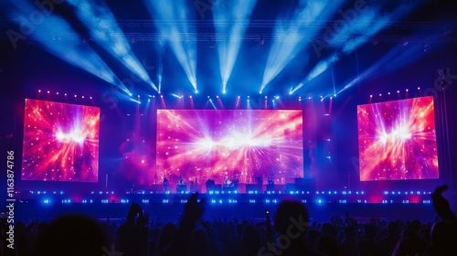 Led light screen concert or show background. Board wall stage with monitor glow tv pixel texture pattern. Digital television technology lcd projection studio for cinema or disco club performance.