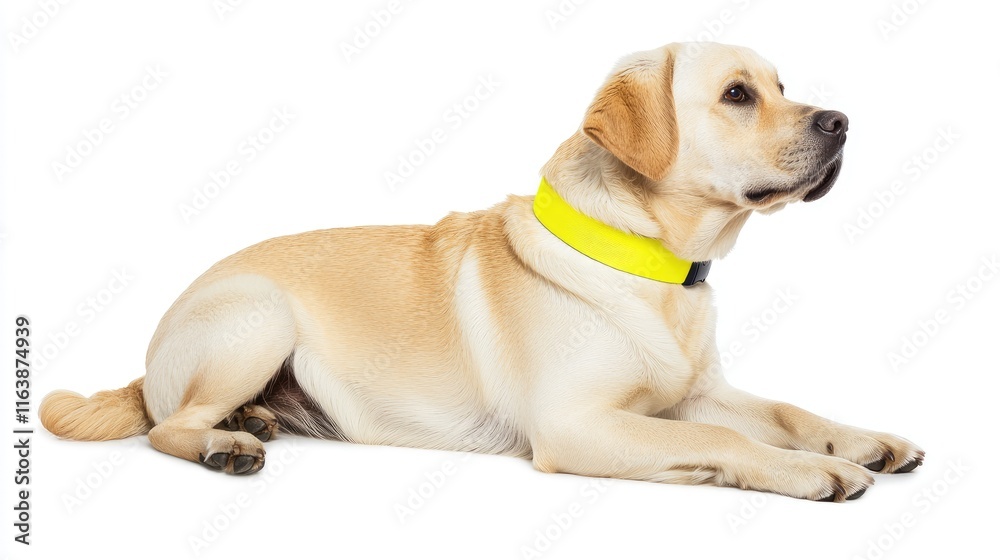 Labrador retriever dog lying down studio pet photography white background side view domestic animal care Labrador retriever dog lying down studio pet photography white background side view domestic animal care