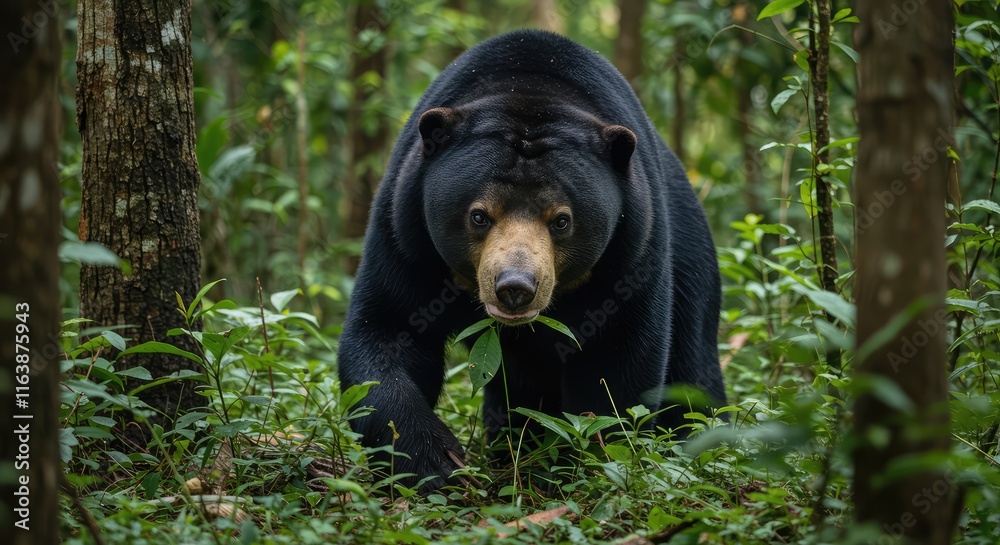 A black bear walking through the woods with a leaf in its mouth. A black bear walking through the woods with a leaf in its mouth.