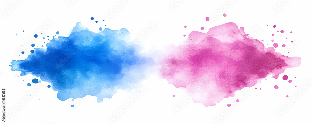 Fototapeta premium Abstract Watercolor Splashes, Blue and Pink Hues Flowing Together Dynamically on White Background.