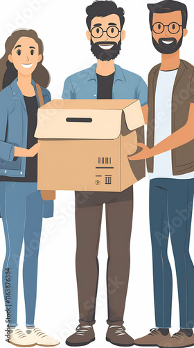 Teamwork, Three Individuals Carrying a Cardboard Box Together