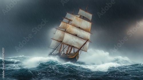 Stormbound tall ship battling raging ocean. photo