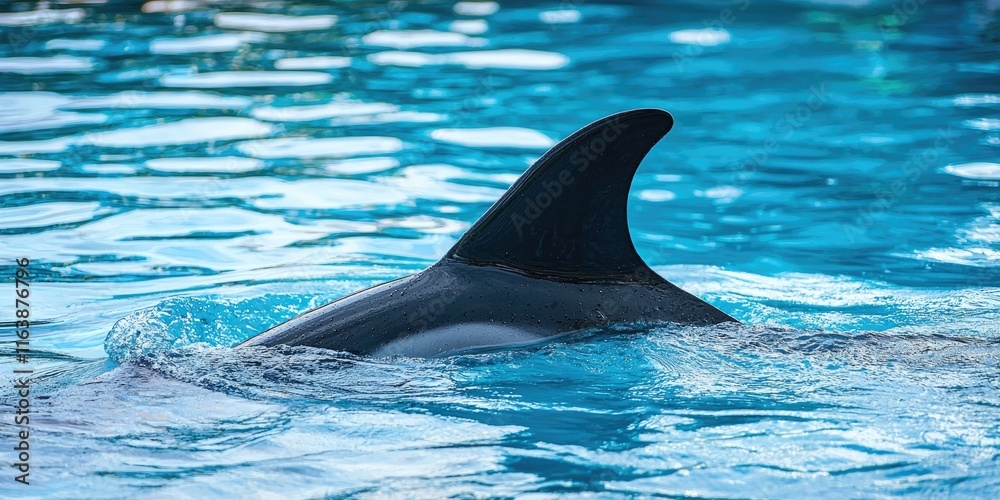 Obraz premium A dolphin fin breaking the surface of the water, symbolizing the creatureâ€™s presence in the ocean.