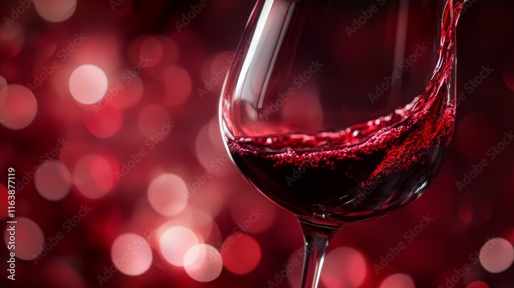 A swirl of deep red wine cascades elegantly into a clear glass, surrounded by a vibrant blurred background that hints at an evening celebration with warm lights