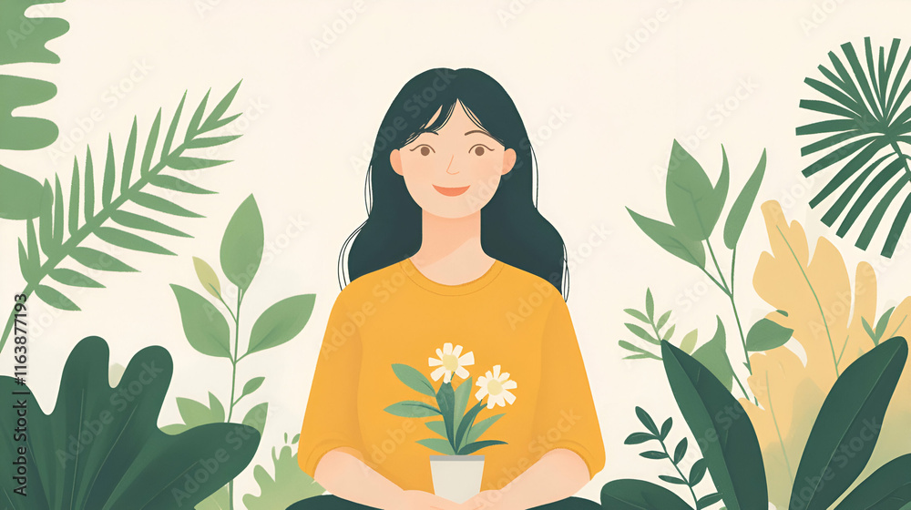 Woman in Yellow Shirt Holds Potted Flowers, Surrounded by Lush Greenery, Peaceful Garden Scene, Serene Illustration. Woman in Yellow Shirt Holds Potted Flowers, Surrounded by Lush Greenery, Peaceful Garden Scene, Serene Illustration.