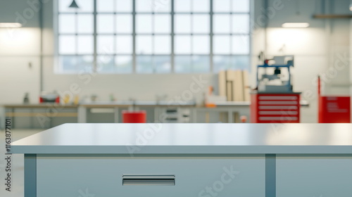 A blurred view of a workshop with tools and equipment neatly organized on shelves. This image is ideal for themes related to craftsmanship, DIY, and workspace environments. photo