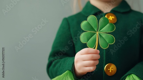 St. Patrick Day Kid Costume Concept, Child in Leprechaun Inspired Outfit with Green Coat and Clover Leaf, Celebrating Irish Culture and Traditions photo