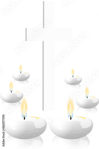 white Christian cross and white candles isolated