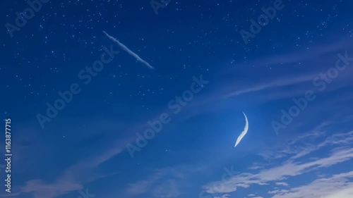 Crescent Moon in Night Sky with Soft Clouds, Ethereal and Dreamy Scene for Fantasy and Peaceful Content, Serene and Tranquil Atmosphere.