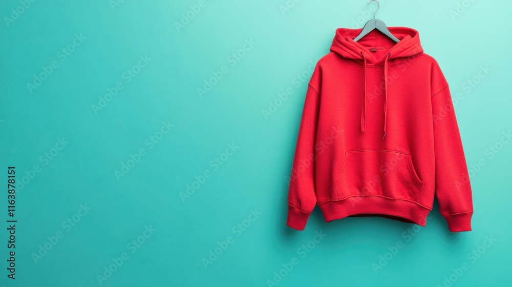 Red hoodie hanging on a hanger against a teal background. Red hoodie hanging on a hanger against a teal background.