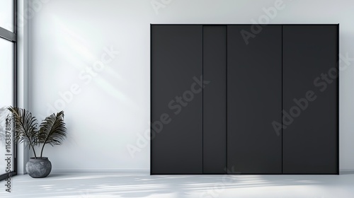 Simple modern interior featuring a matte black wardrobe with closed doors on a white background photo