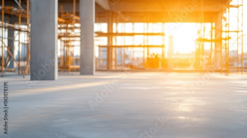 A blurred view of an under-construction building with scaffolding and a bright sunset. Ideal for themes related to construction, building projects, and architectural development. photo