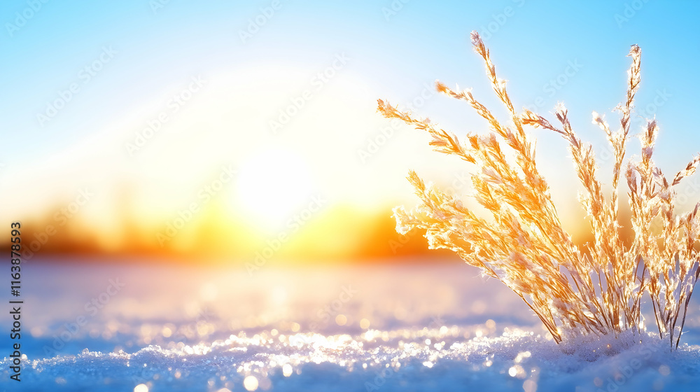 Dry grass covered with snow at sunset. Dry grass covered with snow at sunset.