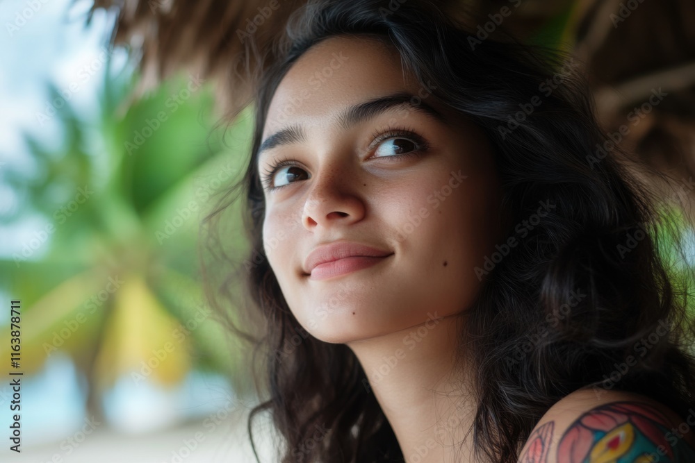 Fototapeta premium Close up photo of a young Asian woman on vacation at the beach