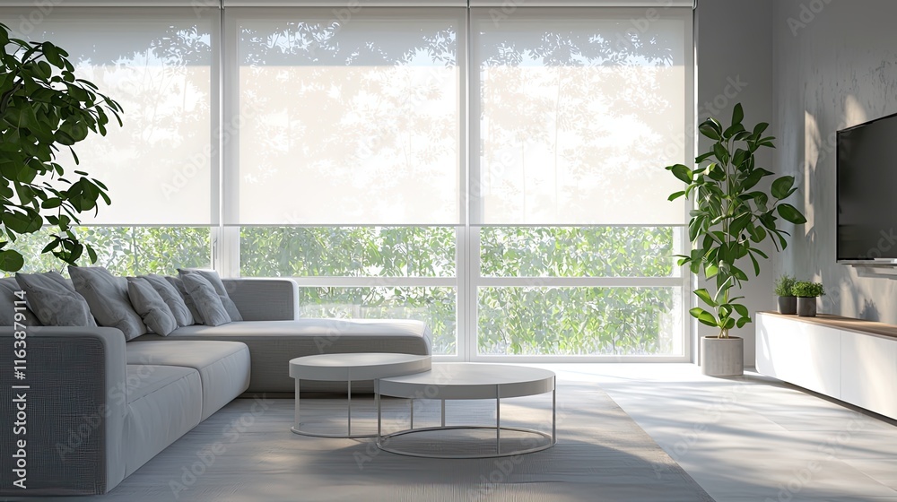 Sleek modern living room with white roller blinds covering large windows, soft gray sofa, and minimalist coffee table