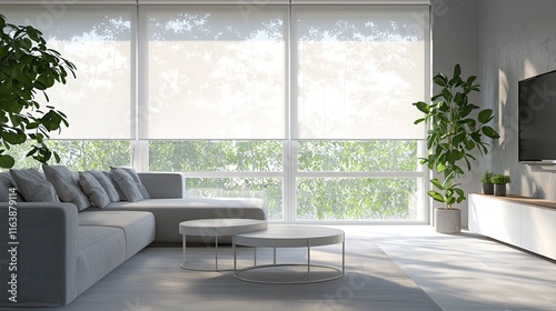Obraz na płótnie Sleek modern living room with white roller blinds covering large windows, soft gray sofa, and minimalist coffee table w salonie