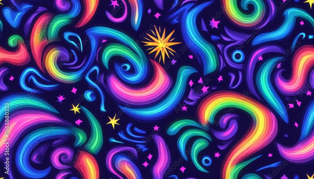 seamless repeating pattern of psychedelic swirling, kaleidoscopic in vibrant rainbow hues, accented by glowing starbursts and spirals. seamless repeating pattern of psychedelic swirling, kaleidoscopic in vibrant rainbow hues, accented by glowing starbursts and spirals.
