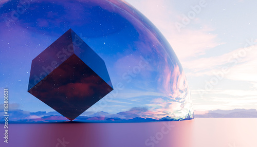 3D render of cube inside glass under sky on sunny day