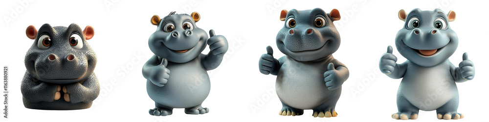 Collection cartoon pygmy hippo character expressing various emotions with playful gestures, perfect for children's content. PNG Transparent Collection cartoon pygmy hippo character expressing various emotions with playful gestures, perfect for children's content. PNG Transparent
