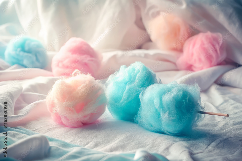 Obraz premium Soft pastel cotton candy balls in pink and blue hues scattered on white bedspread create dreamy and serene atmosphere, perfect for whimsical food photography