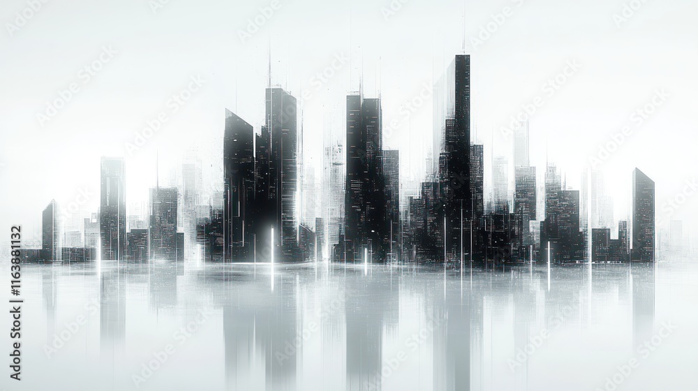Abstract cityscape, digital, grayscale, futuristic, reflection. Abstract cityscape, digital, grayscale, futuristic, reflection.