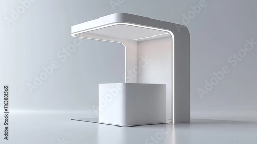 3d white stand booth for presentation event mockup. Vector promotional blank wall in room display for exhibition with table or podium. Empty expo business cube corner kiosk retail background set.