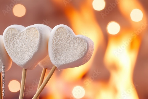 There are three heartshaped marshmallows on sticks placed cozily in front of a warm and inviting fireplace, creating a delightful scene. Bonfires with heart-shaped marshmallows