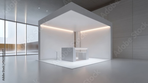 3d white stand booth for presentation event mockup. Vector promotional blank wall in room display for exhibition with table or podium. Empty expo business cube corner kiosk retail background set.