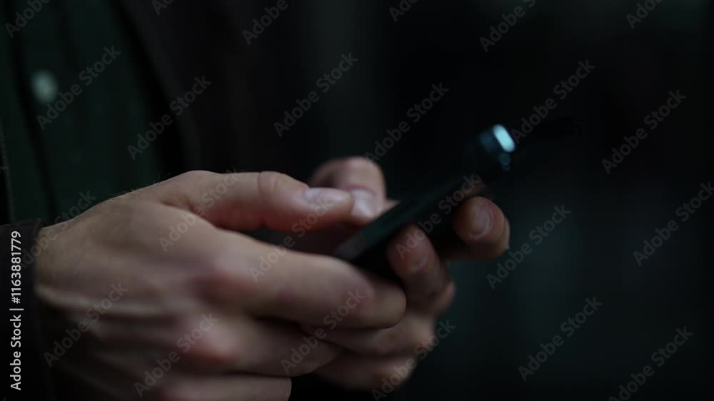 Close-up of male hands scrolling and swiping on smartphone screen while standing on urban street at evening. Close of young man browsing internet, checking social media, using mobile application.
