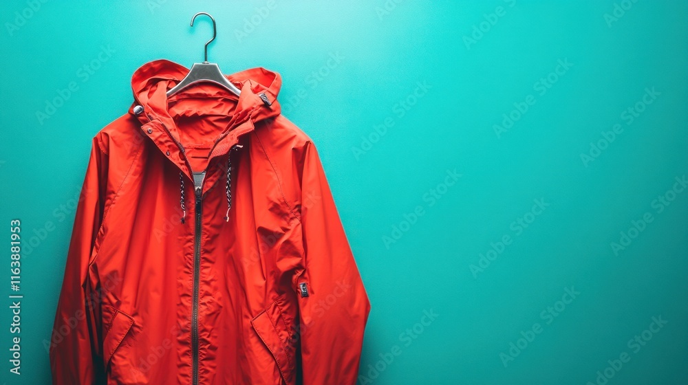 Red waterproof jacket hanging on a hook against a teal background. Red waterproof jacket hanging on a hook against a teal background.