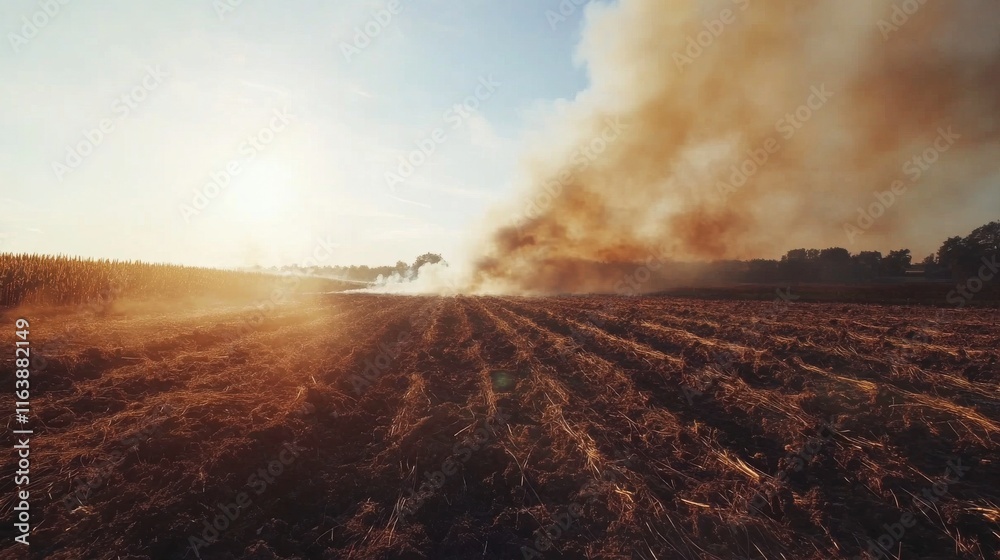 Fototapeta premium Smoke Rising Over Farmland Under Bright Midday Sun