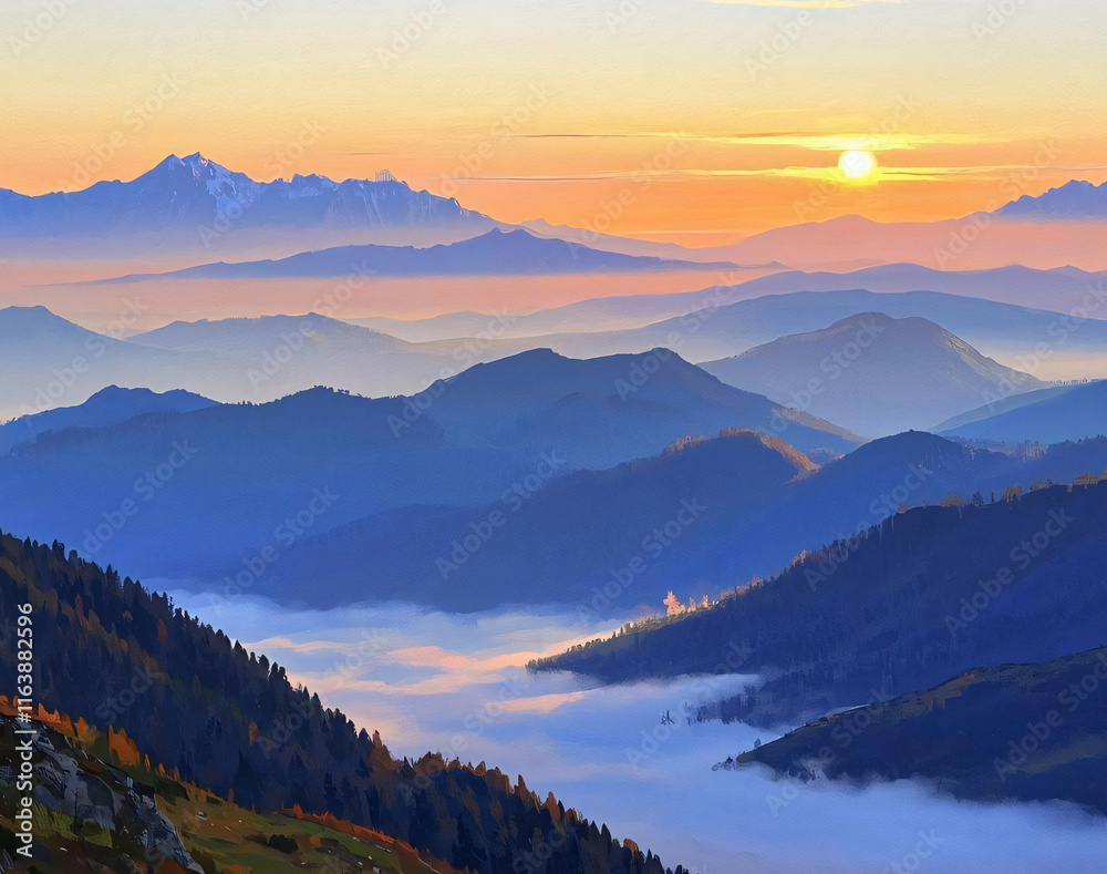 Obraz premium 산의 일출 / Sunrise Over Mountains