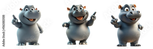 Collection of A cheerful cartoon pygmy hippo character displaying different playful poses and expressions, ideal for children's projects. PNG Transparent