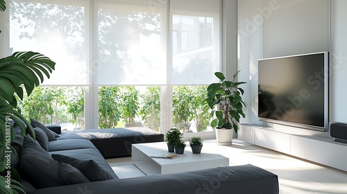Spacious living room with white shades on large windows, a charcoal gray sofa, and minimalist coffee table
