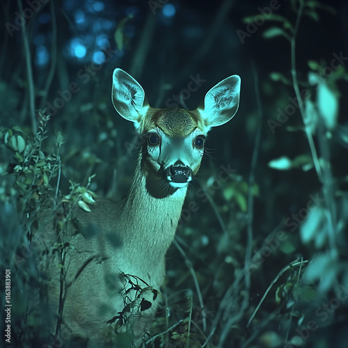 deer stands in dark forest, illuminated by night vision, showcasing its large eyes and delicate features amidst foliage. scene evokes sense of mystery and tranquility photo